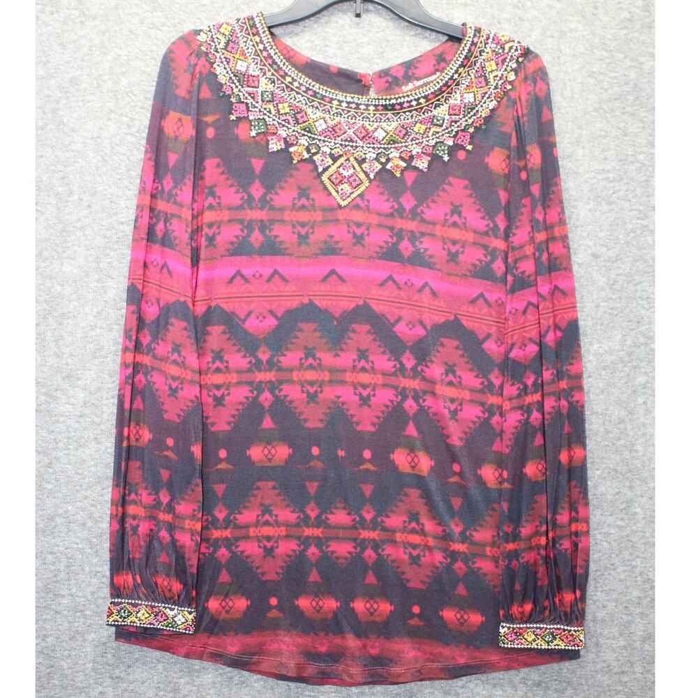 Soft Surroundings Top Womens Medium Red Aztec Southwestern Beaded Embroidered
